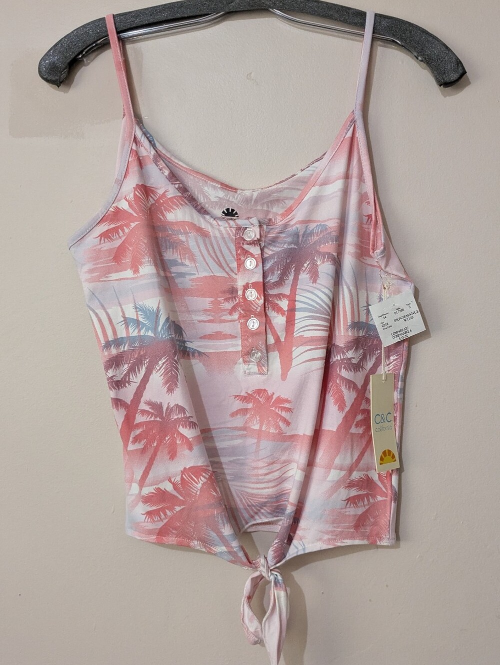 C&C California Pink Palm Tropical Print Tie-Hem Camisole New With Tags